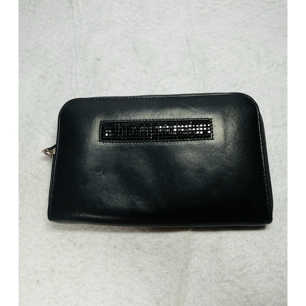 Swarovski Black Leather Zip Around Wallet Crystal Accent Rhinestone Wallet